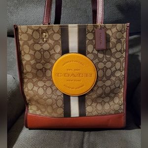 Coach Dempsey Tote In Signature Jacquard With Stripe And Coach Patch No. 1917